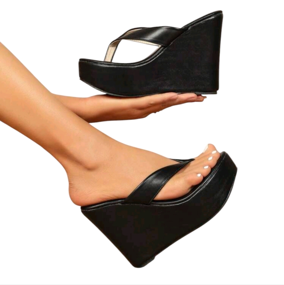COPY - Black Wedge Sandals, never worn and in mint condition.
